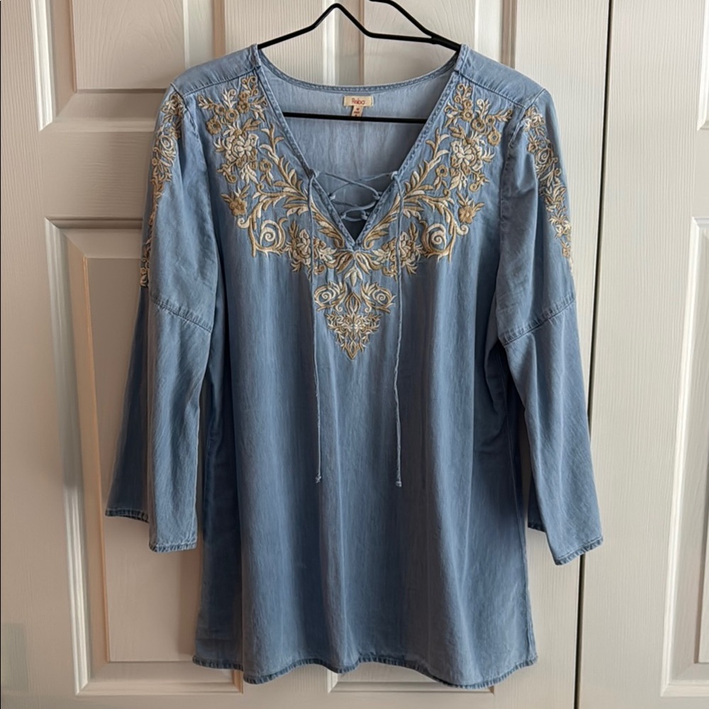 Embroidered Blue Top with Tan Accents